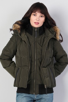 COLIN'S, Geaca cu vatelina si detalii de blana sintetica, Kaki, S COLIN'S, Geaca cu vatelina si detalii de blana sintetica, Kaki, S