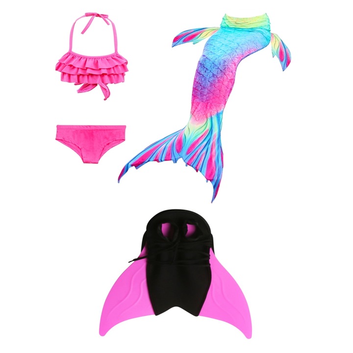 Set 4 piese Costum de baie Sirena THK, include top, slip, coada sirena si Inotatoarea pentru fixarea cozii, Roz/Albastru