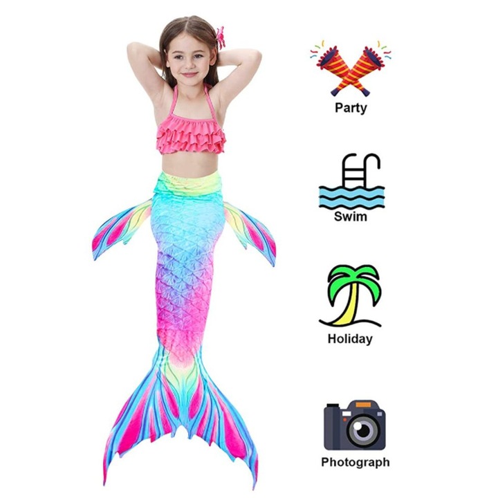 Комплект THK® от 3 части бански, включва горнище, слипове, опашка на русалка, светлосин със звезди,, Розово/Светлосин