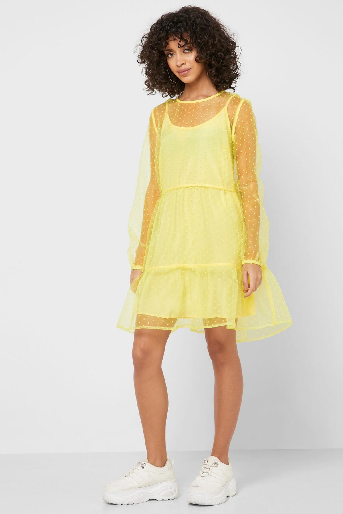 Rochie Pieces Ruffle Hem Sheer Spotted Galben, M