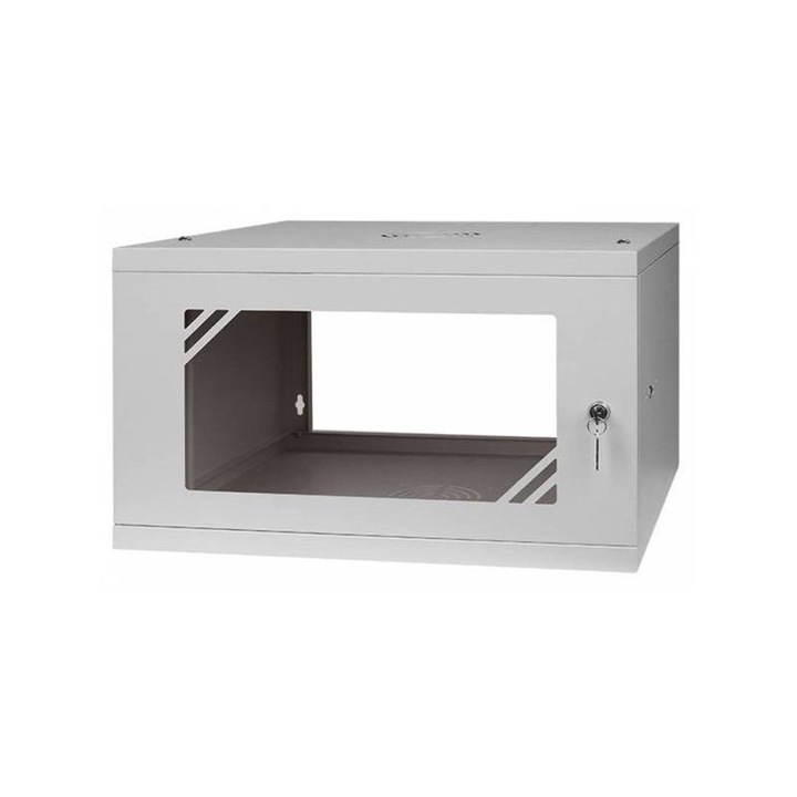 Stalflex rc19-6u-450gg 19" 6u 450 mm mély lapra szerelt szürke üveg ablakos fali rack szekrény