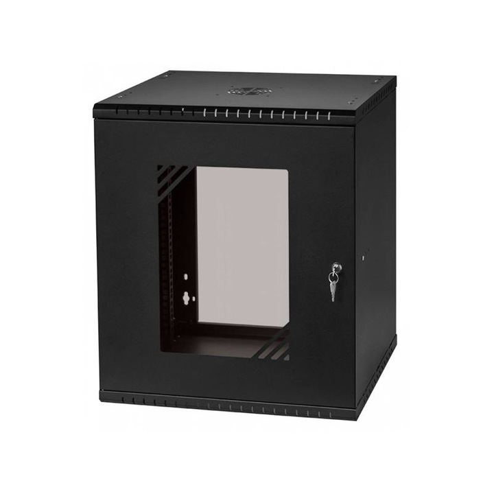 Stalflex rc19-12u-450gb 19" 12u 450 mm mély lapra szerelt fekete üveg ajtós fali rack szekrény