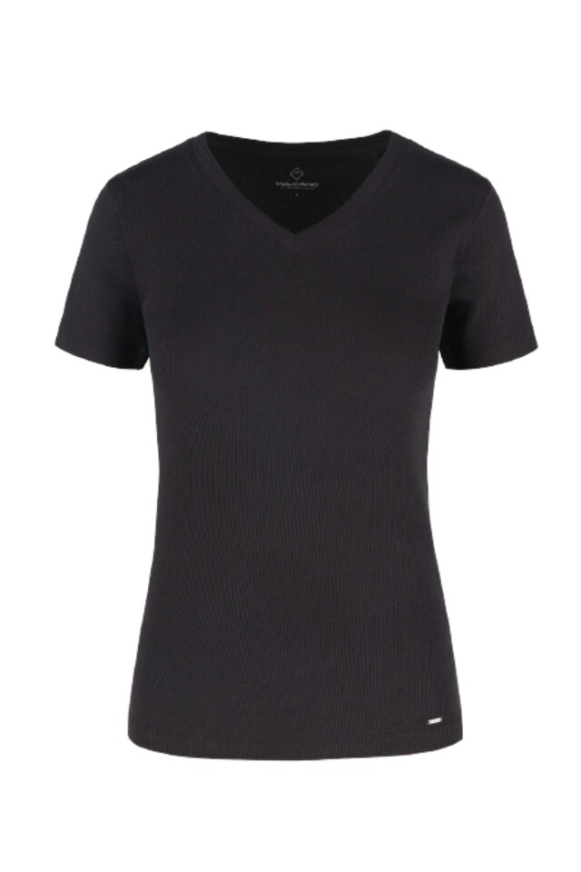 Tricou cu maneca scurta dama Volcano T-Rib, Bumbac/Elastan, Negru