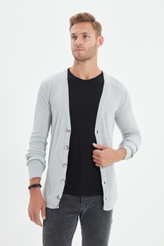 Trendyol, Cardigan slim fit cu decolteu in V, Gri deschis, L Trendyol, Cardigan slim fit cu decolteu in V, Gri deschis, L