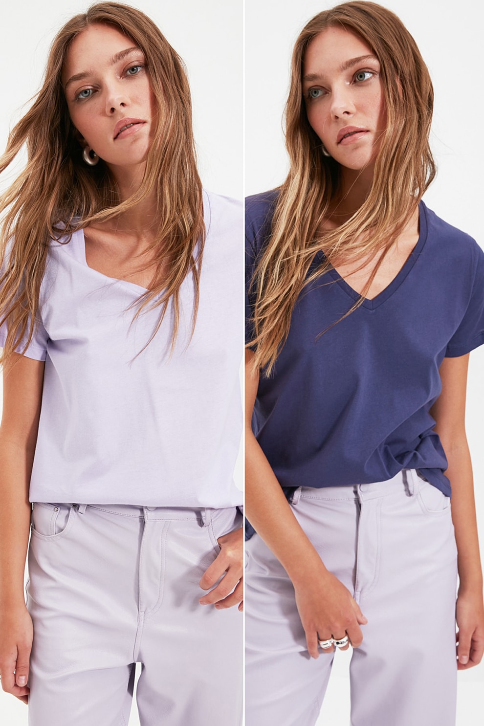 Trendyol, Set de tricouri cu decolteu in V - 2 piese, Bleumarin/Lila