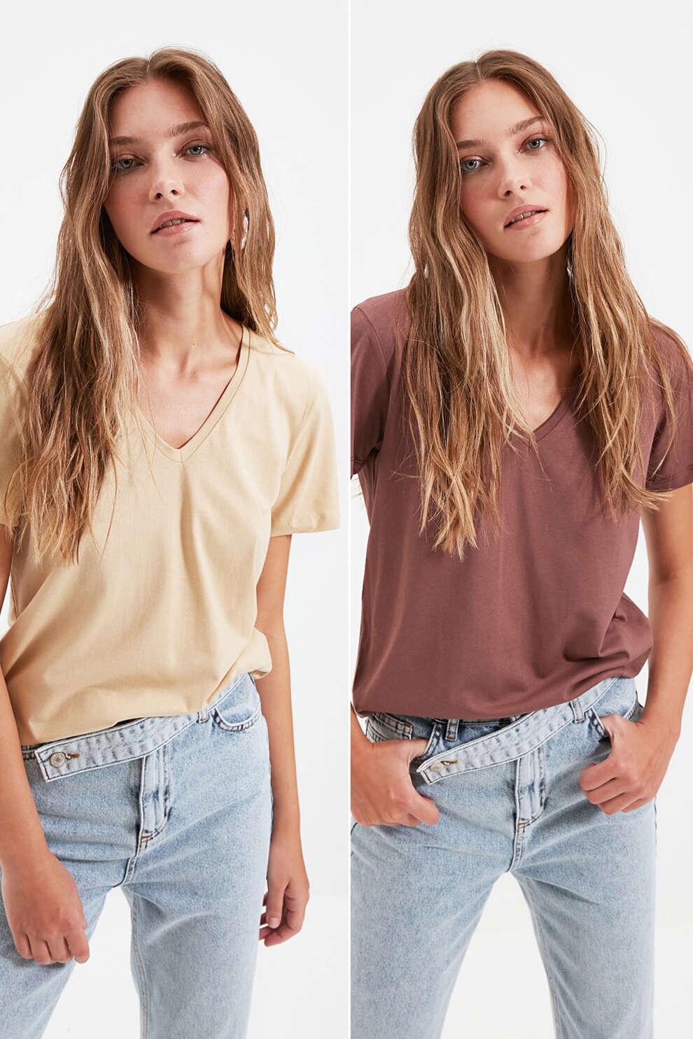 Trendyol, Set de tricouri cu decolteu in V - 2 piese, Maro