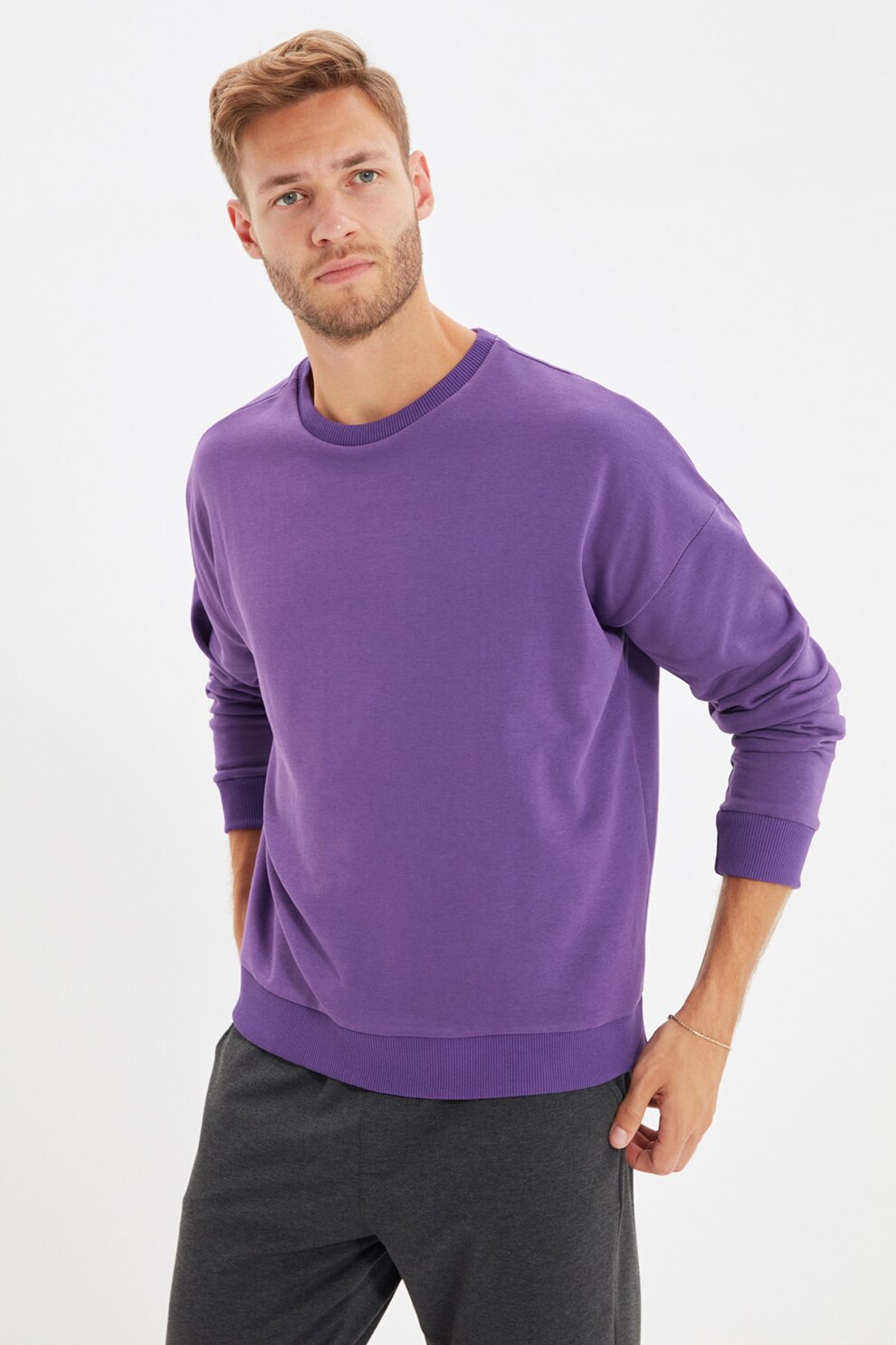 Trendyol, Bluza sport cu decolteu la baza gatului si maneci cazute, Violet ametist