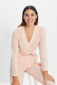 Trendyol - Памучна пижама със застъпен дизайн, Праскова