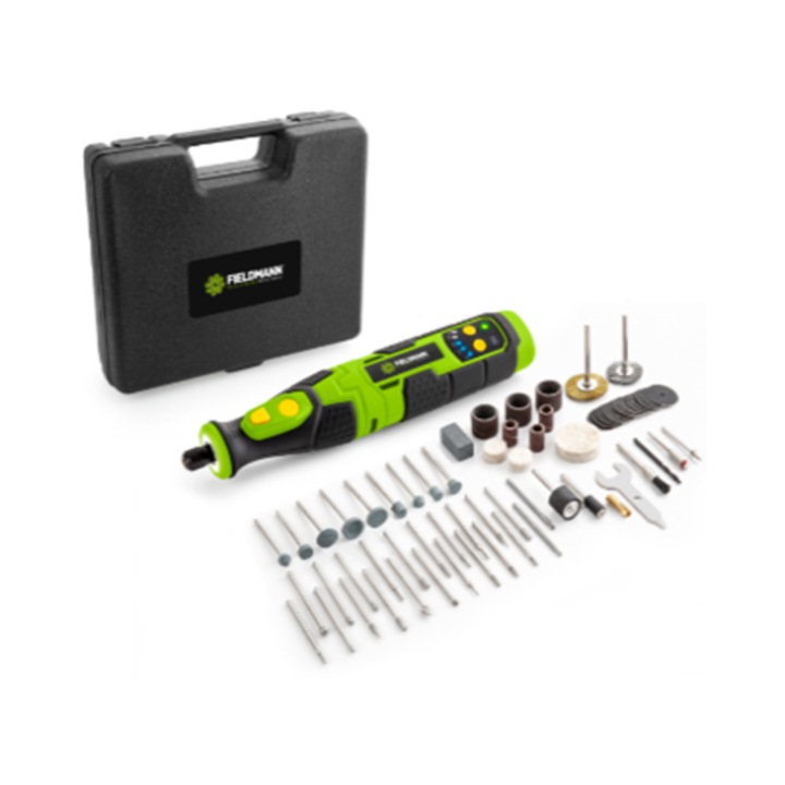 Fieldmann FDMB 200170-A Akkumulátoros mini csiszoló szett, Akkumulátor: 7.2V / 1.300 mAh, 5 sebesség-fokozat, 70 db tartozék