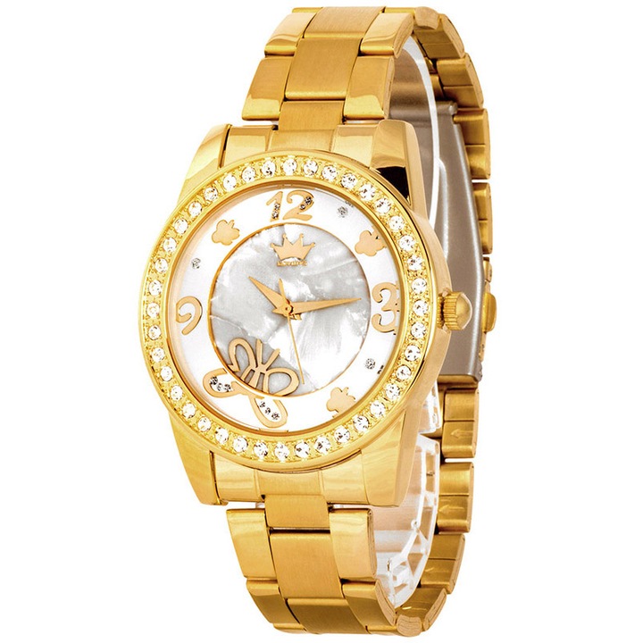 Koning női karóra, arany, elegáns fazon, fém karkötő, számlap kristályokkal