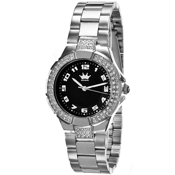 Koning női karóra, ezüst, elegáns, fém karkötő, számlap kristályokkal