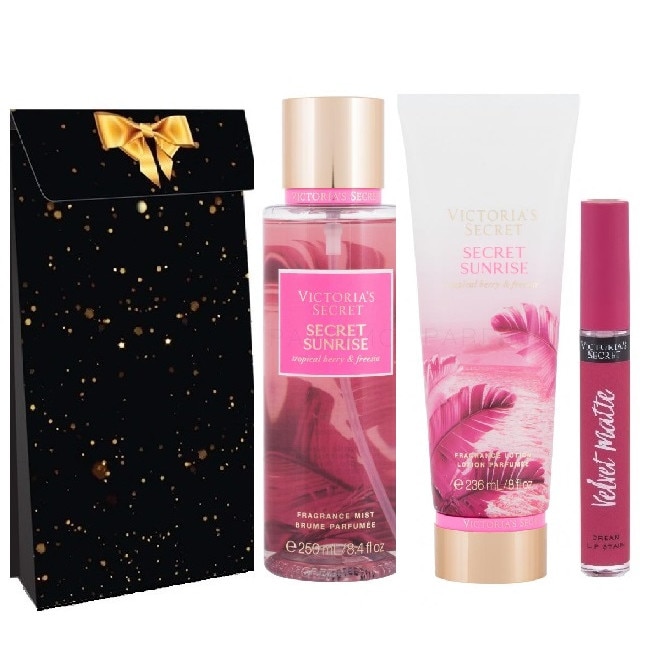 Pachet promo Victoria Secret Sunrise Tropical, Spray de corp 250 ml, Lotiune de corp 236 ml si Ruj rezistent la transfer Velvet Matte