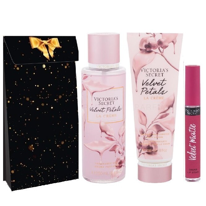 Pachet promo Victoria Secret Velvet Petals La Creme, Spray de corp 250 ml, Lotiune de corp 236 ml si Ruj rezistent la transfer Velvet Matte