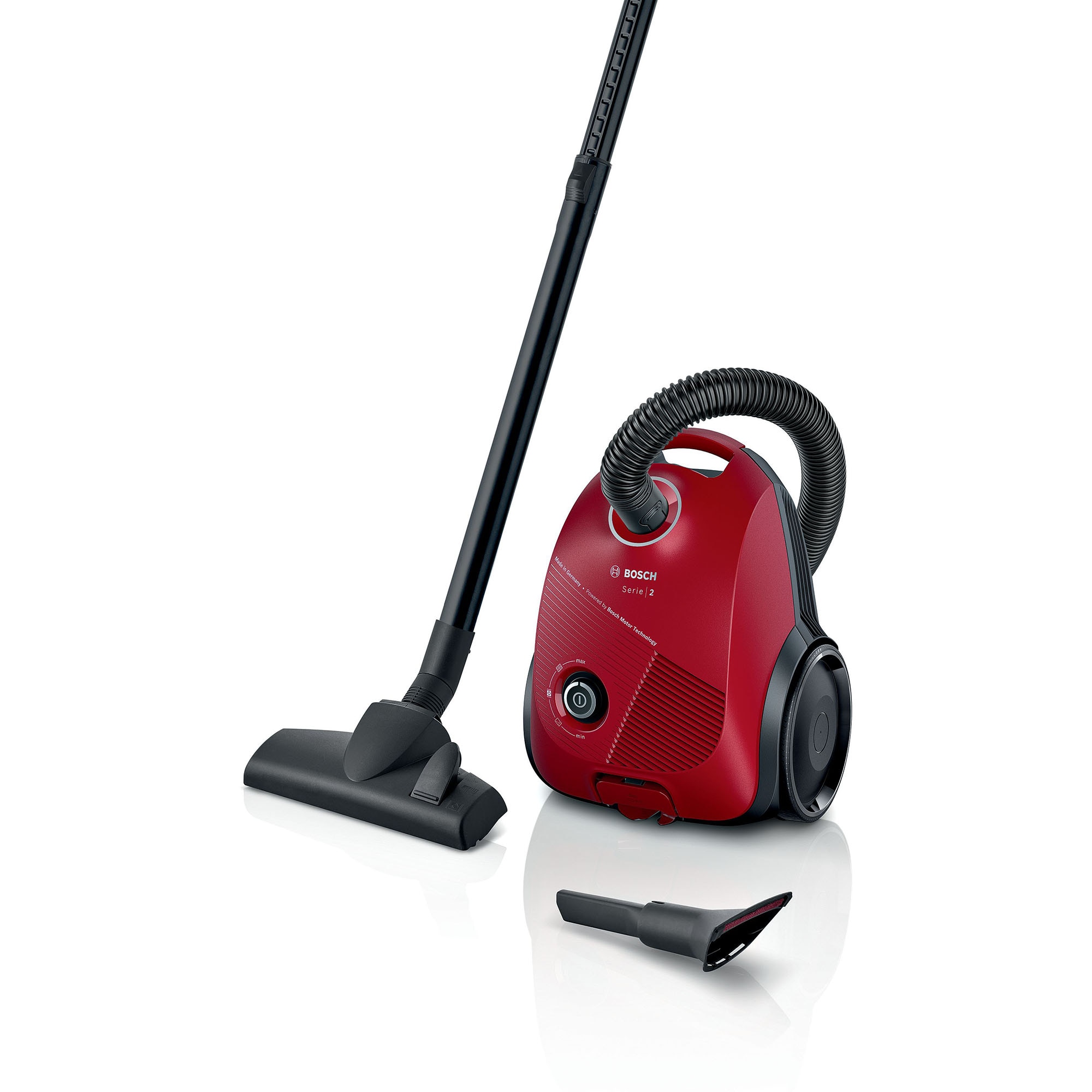 Aspirator cu sac Bosch Serie 2 BGBS2RD1, filtru igienic, capacitate sac 3.5L, control electronic rotativ, consum anual de energie: 26.7 kWh/an, Rosu