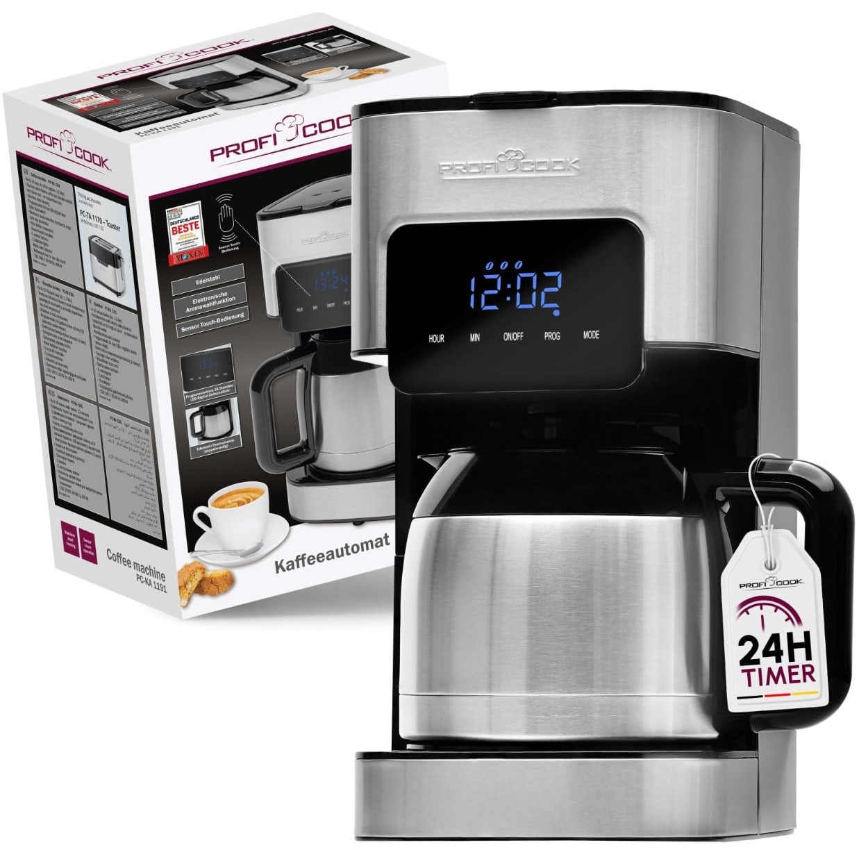 Aparat de cafea Professional Cook |8-10 cani |cronometru |Functionarea senzorului de atingere |balon termos cu perete dublu cu volum de 1,2 litri |Inchidere aroma |Aparat de cafea cu filtru din otel inoxidabil |PC-KA 1191