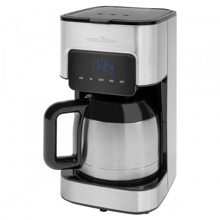 Cafetiera programabila Proficook, PC-KA 1191, capacitate 1.2 l, recipient din otel inoxidabil izolat termic, 3 nivele aroma, timer 24 h, argintiu/negru