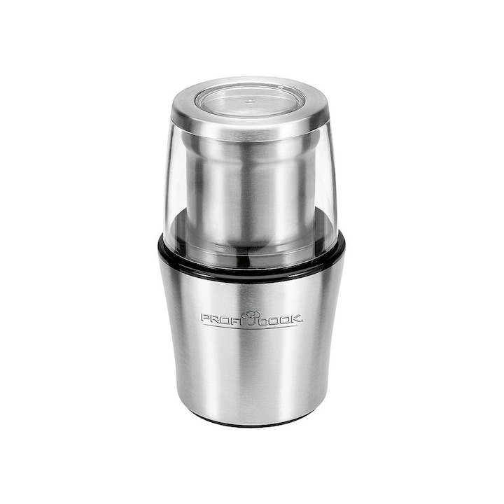 Електрическа мелничка Proficook PC-KSW 1021, Мултифункционална, 2 ножа, Неръждаема стомана, Бързо смилане, 2 контейнера, Капацитет 350 г, Сребрист