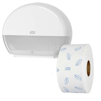 Pachet 1 x Dispenser pentru prosoape hartie mini jumbo Tork Premium T2, alb, plastic si 1 x rola hartie igienica mini jumbo, 2 straturi, 170 m, alb Pachet 1 x Dispenser pentru prosoape hartie mini jumbo Tork Premium T2, alb, plastic si 1 x rola hartie igienica mini jumbo, 2 straturi, 170 m, alb