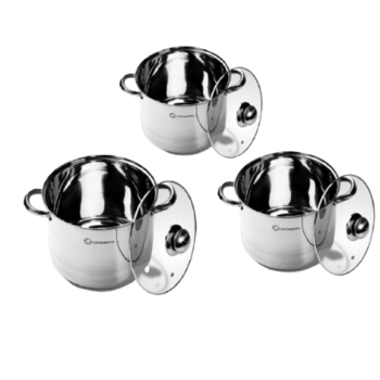 Set de 3 Oale cu 3 Capace, Otel Inoxidabil, Capace din Sticla Termorezistenta, Diametre de 20/24/26 cm, Capacitate Oale de 7.2/9.0/11.1L, Argintiu Set de 3 Oale cu 3 Capace, Otel Inoxidabil, Capace din Sticla Termorezistenta, Diametre de 20/24/26 cm, Capacitate Oale de 7.2/9.0/11.1L, Argintiu
