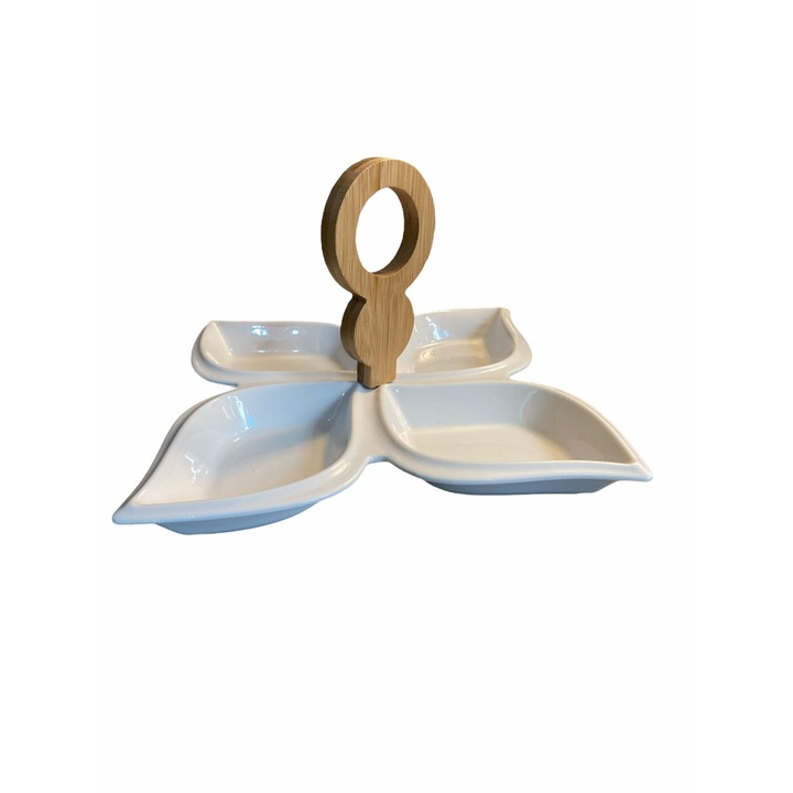 Sosiera, 4 compartimente, ceramica, alb, forma de floare, 22x22x14cm