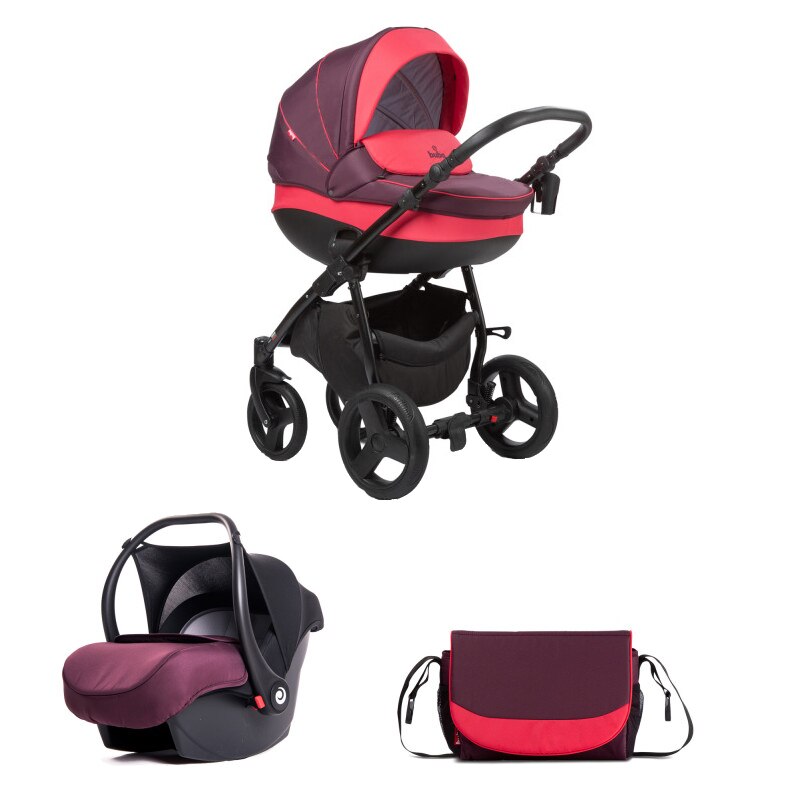 Carucior pentru copii 3 in 1 Bella, rosu, impermeabil, cos pentru accesorii si geanta pentru mama, frana de stationare, plasa de tantari, suport pentru bauturi