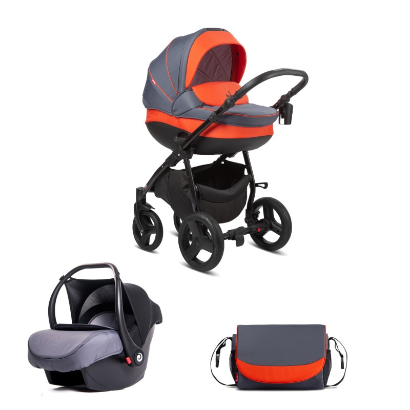 Carucior pentru copii 3 in 1 Bella, portocaliu, impermeabil, cos pentru accesorii si geanta pentru mama, frana de stationare, plasa de tantari, suport pentru bauturi