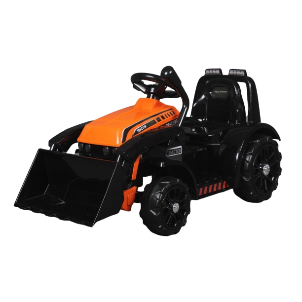Tractor electric FARMER cu cupa, portocaliu, tractiune spate, baterie 6V, roti din plastic, scaun larg, motor de 20W, unic, comanda volan, lumini LED