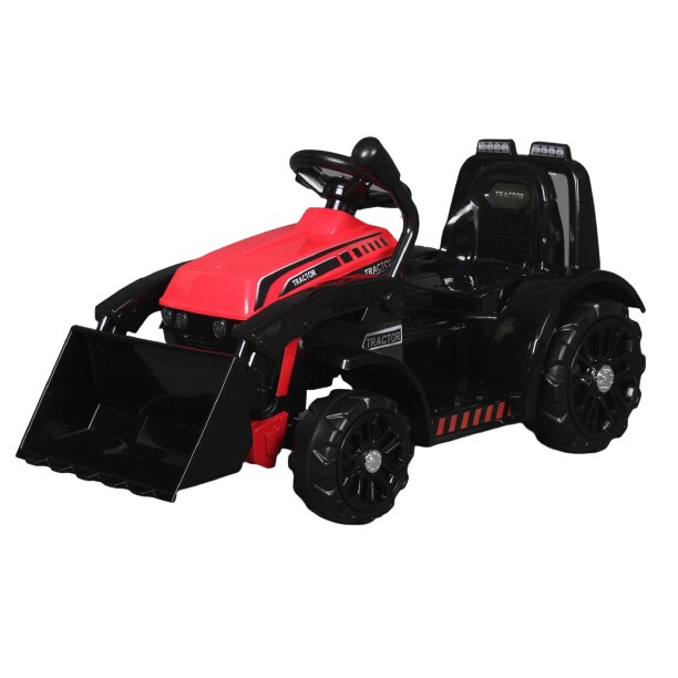 Tractor electric FARMER cu cupa, rosu, tractiune spate, baterie 6V, roti din plastic, scaun larg, motor de 20W, unic, comanda volan, lumini LED