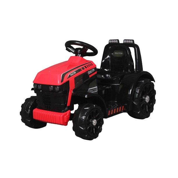 Tractor electric FARMER, rosu, tractiune spate, baterie de 6V, roti din plastic, scaun larg, motor de 20W, unic, comanda volan, lumini LED