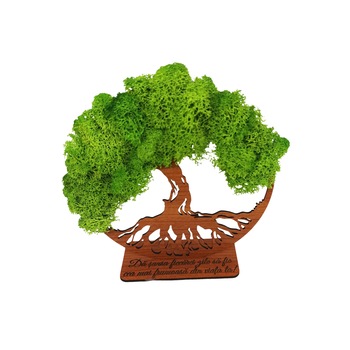 Decoratiune Copacul vietii cu licheni verzi, cu suport gravat cu mesaj  Decoratiune Copacul vietii cu licheni verzi, cu suport gravat cu mesaj