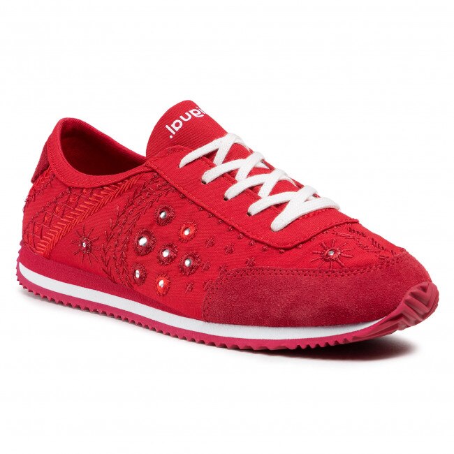 Pantofi sport cu model brodat si garnituri de piele intoarsa , Desigual, Rosu/Alb