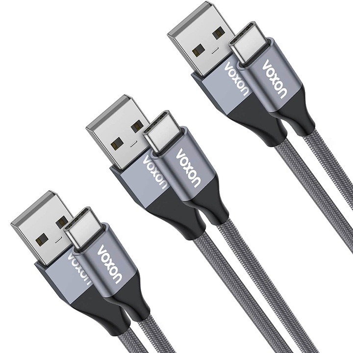 Set de 3 cabluri USB-C impletite extrem de puternice si de inalta calitate pentru dispozitive cu port USB-C, Voxon CUC02105GA02, gri inchis
