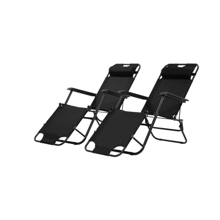 Set de 2 Sezlonguri cu Suport de Picioare, Pliabile, Tesatura, Greutate Maxima 120 kg, Poliester, Cadru din Otel, Moderne, Culoare Negru