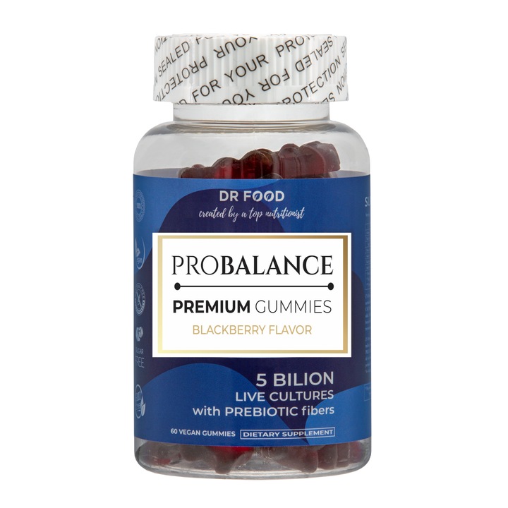 Supliment alimentar Dr Food Prebiotic & Probiotic Gummies, 60 jeleuri cu 5 Miliarde culturi active Probiotice si fibre Prebiotice