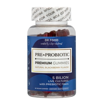 Supliment alimentar Dr Food Prebiotic & Probiotic Gummies, 60 jeleuri cu 5 Miliarde culturi active Probiotice si fibre Prebiotice Supliment alimentar Dr Food Prebiotic & Probiotic Gummies, 60 jeleuri cu 5 Miliarde culturi active Probiotice si fibre Prebiotice