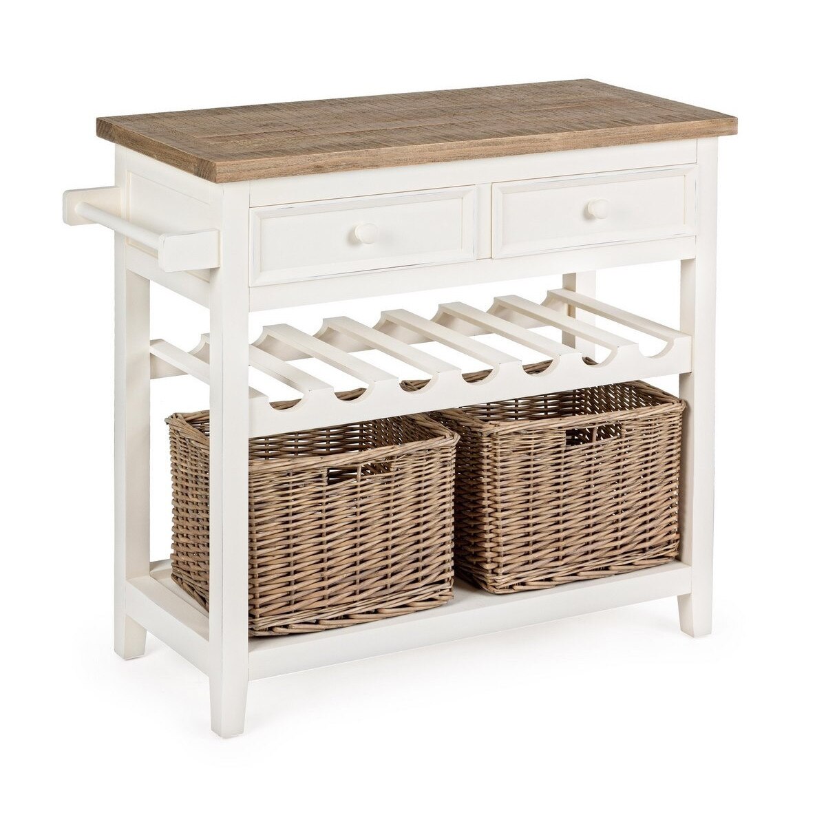 Consola cu 2 sertare suport sticle si 2 cosuri din lemn salcie Elvia 88 cm x 38 cm x 80 h