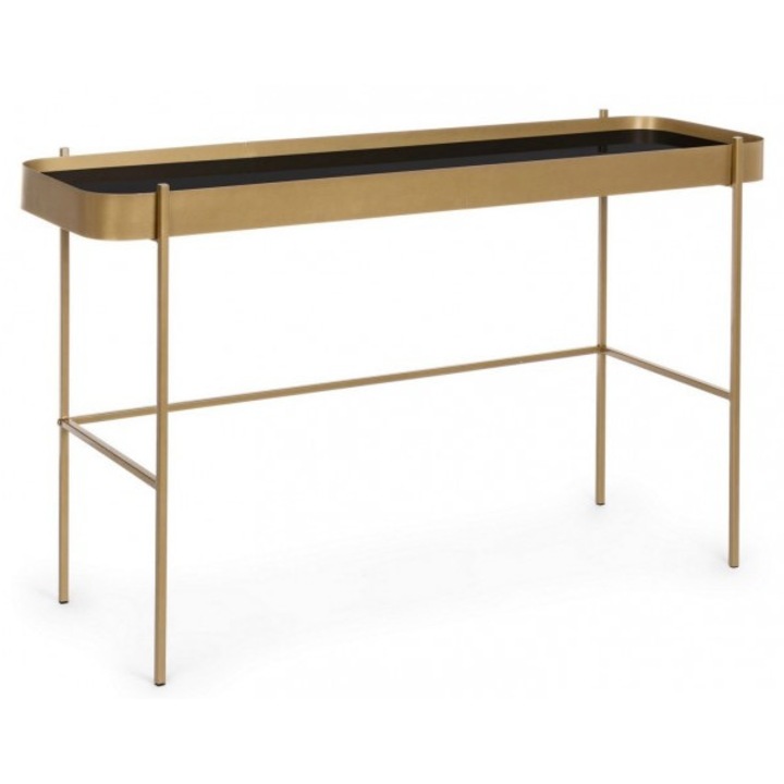 Consola din fier auriu cu blat din sticla neagra Rashida 120.5 cm x 43 cm x 75 h