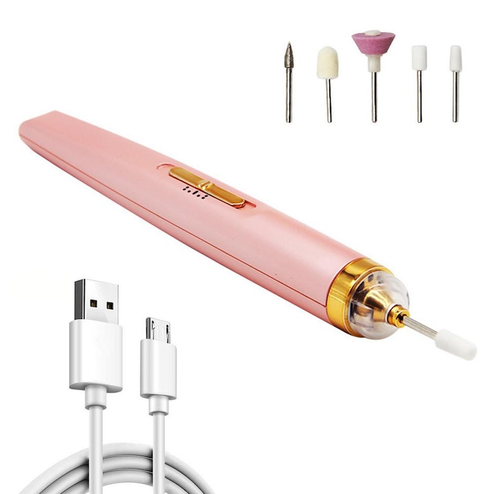 Freza semi-profesionala portabila pentru unghii, Lady's Nail, pentru manichiura si pedichiura，5 capete , USB，roz