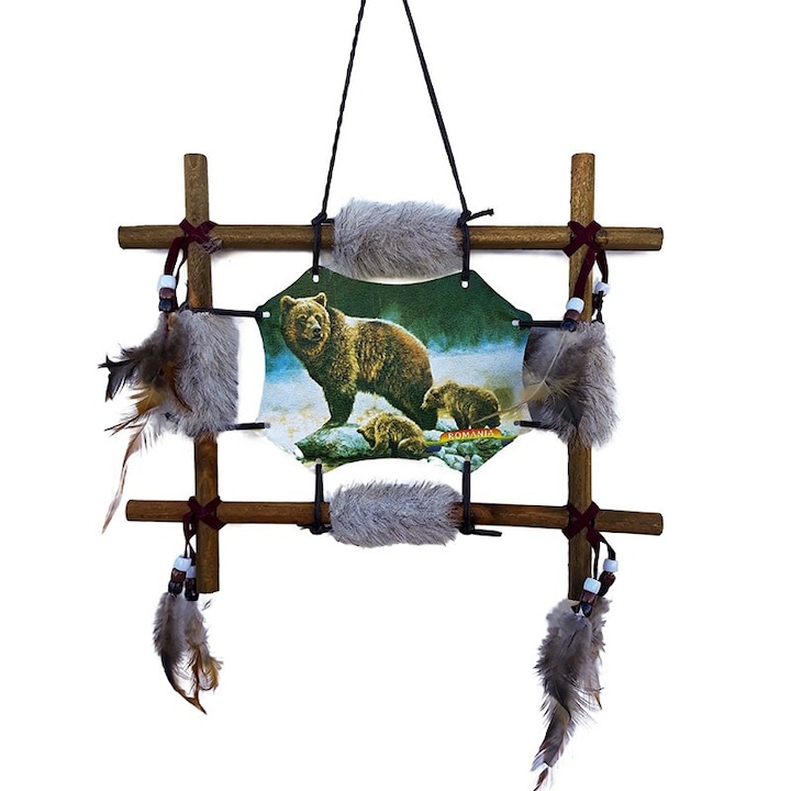 Tablou cu rama din lemn, cu decoratiuni din pene, blanita si margele M1, 28x23cm