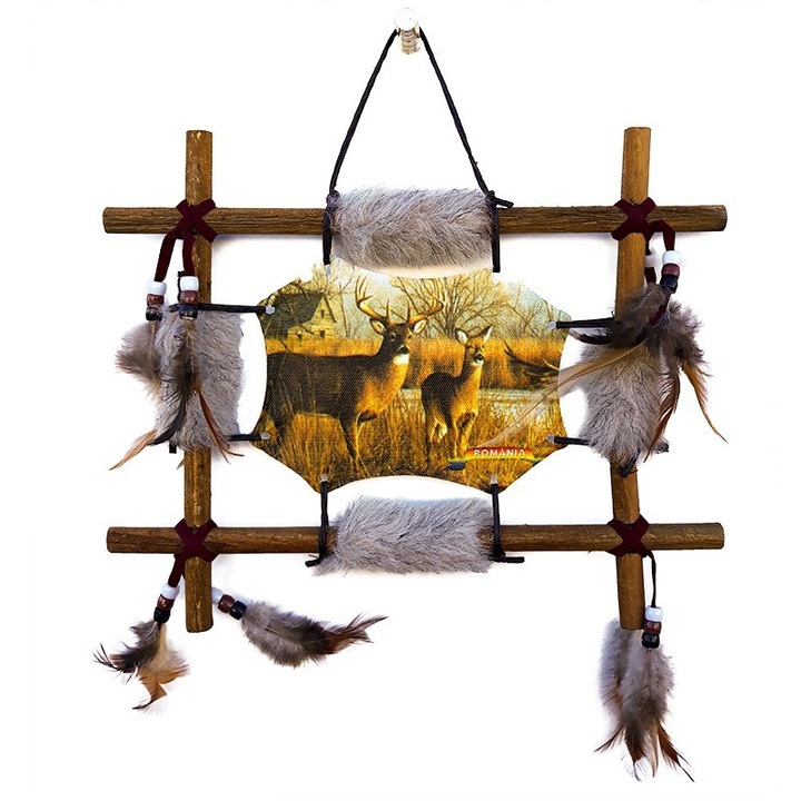 Tablou cu rama din lemn, cu decoratiuni din pene, blanita si margele M3, 28x23cm