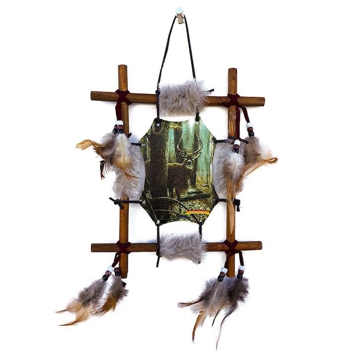 Tablou cu rama din lemn, cu decoratiuni din pene, blanita si margele M4, 28x23cm