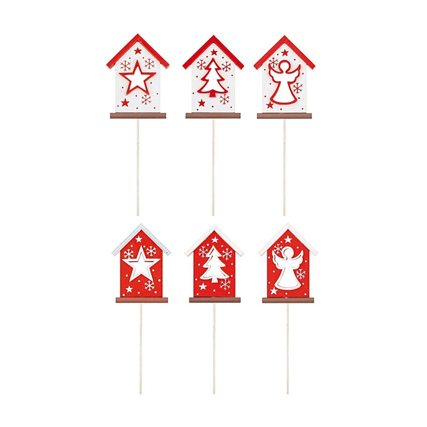 Set 6 casute de iarna din lemn, in rosu-alb, 8.5 cm pe bat lemn