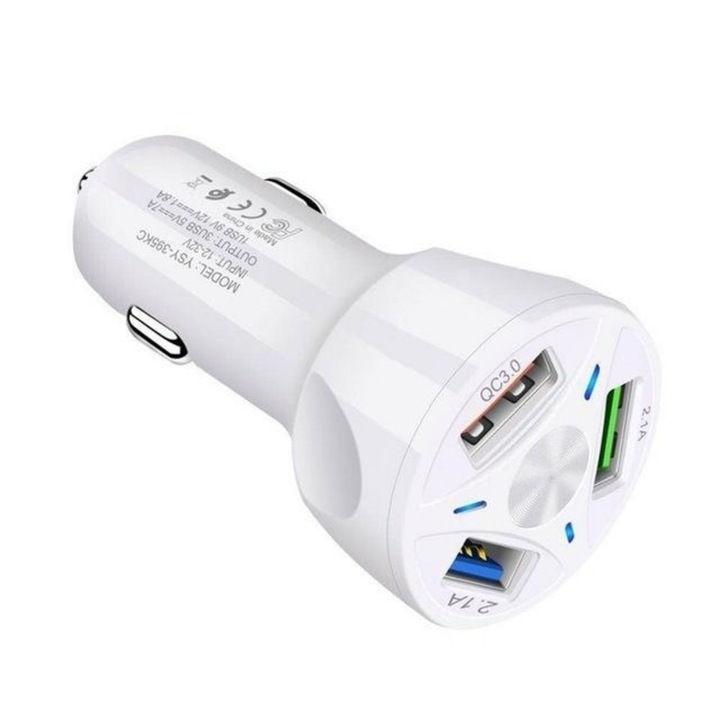 MaffStuff® intelligens autós töltő, 3 USB porttal, gyorstöltéssel és többféle védelemmel, fehér