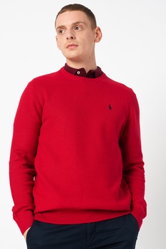 Polo Ralph Lauren, Pulover din bumbac cu decolteu la baza gatului, Rosu/Verde inchis Polo Ralph Lauren, Pulover din bumbac cu decolteu la baza gatului, Rosu/Verde inchis
