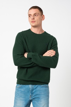 Polo Ralph Lauren, Pulover din bumbac cu decolteu la baza gatului, Verde englez/Bleumarin Polo Ralph Lauren, Pulover din bumbac cu decolteu la baza gatului, Verde englez/Bleumarin