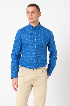 Polo Ralph Lauren, Camasa slim fit cu guler fixat cu nasturi, Albastru/Alb Polo Ralph Lauren, Camasa slim fit cu guler fixat cu nasturi, Albastru/Alb