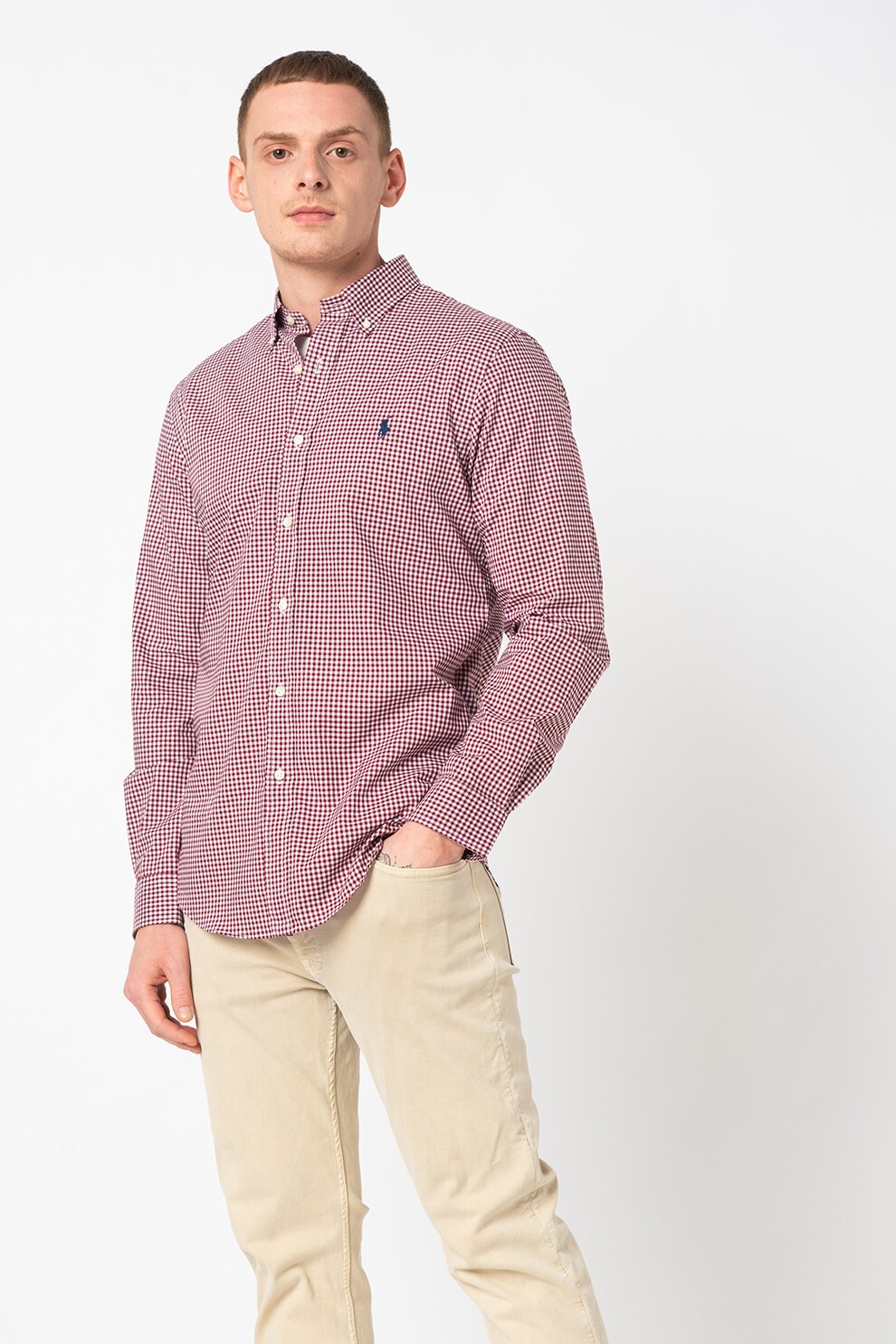 Polo Ralph Lauren, Camasa slim fit cu model in dungi discrete Classics, Rosu inchis/Alb