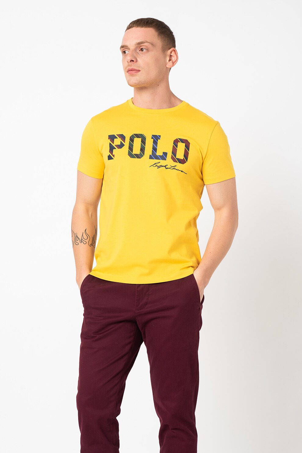 Polo Ralph Lauren, Tricou slim fit cu logo Boston, Galben sofran/Bleumarin inchis/Rosu inchis
