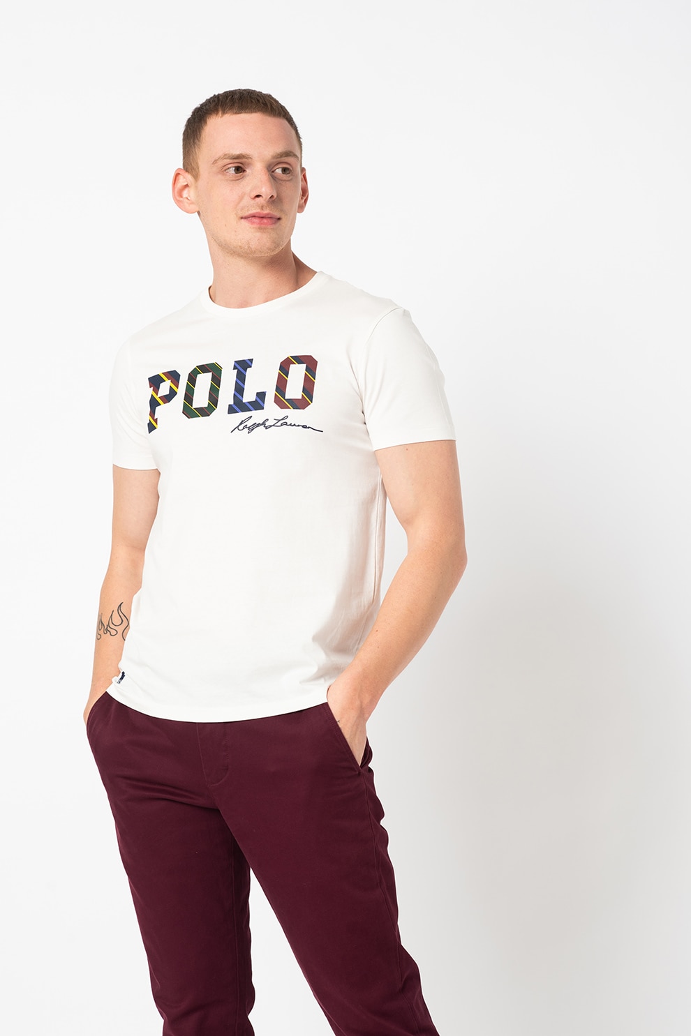 Polo Ralph Lauren, Tricou slim fit cu logo Boston, Alb/Bleumarin inchis/Rosu inchis