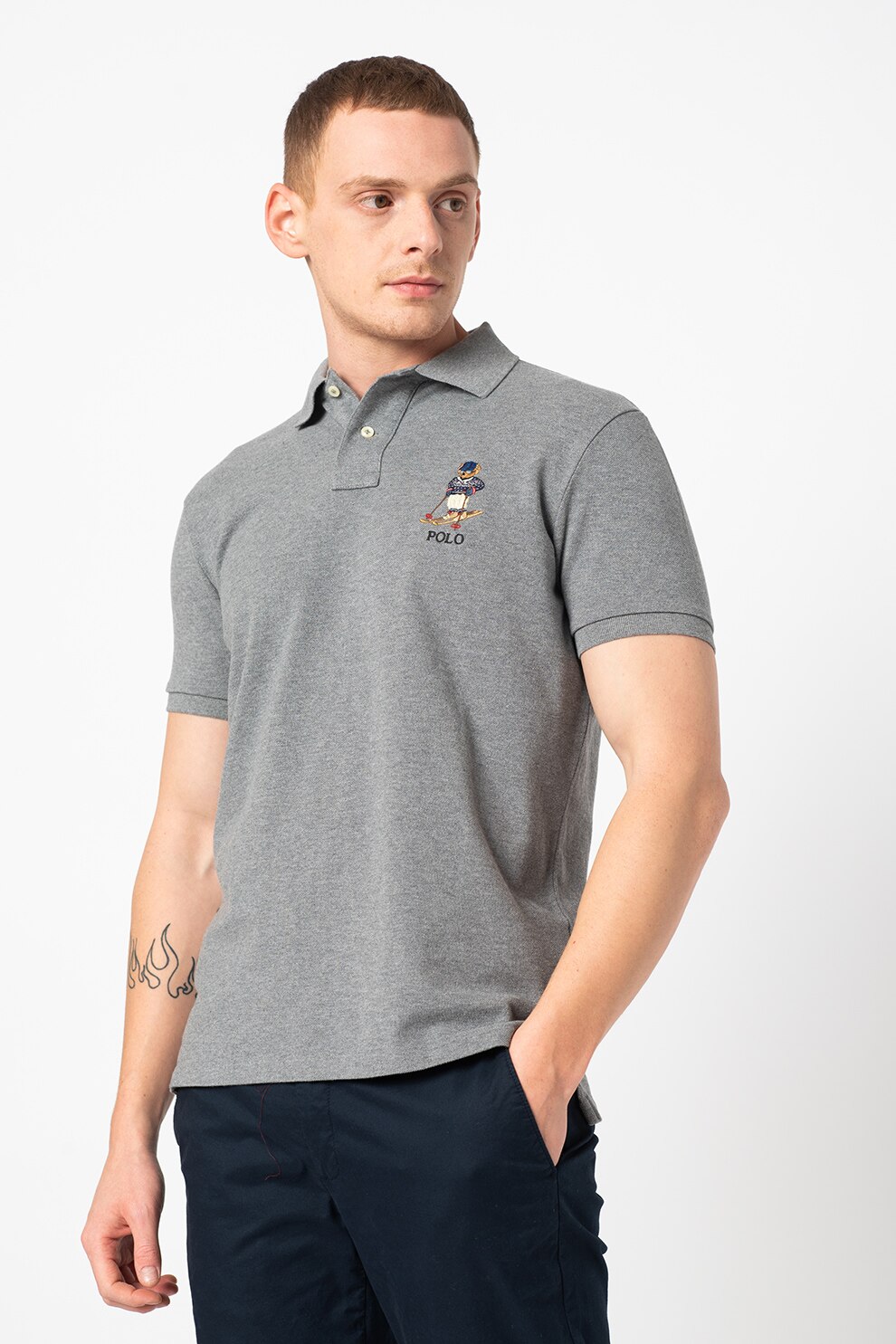 Polo Ralph Lauren, Tricou polo slim fit din material pique Classics, Gri/Bleumarin